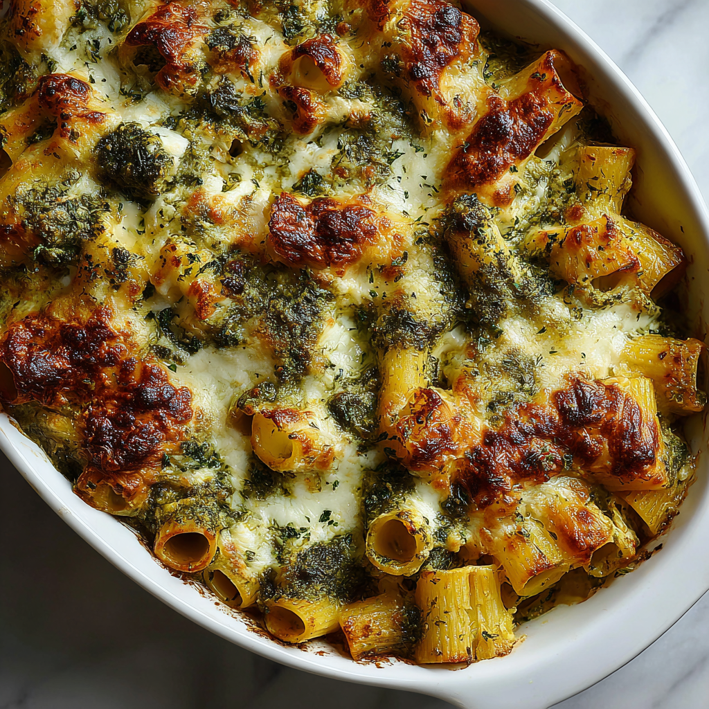 Pesto Rigatoni Pasta Bake with Ricotta Cheese